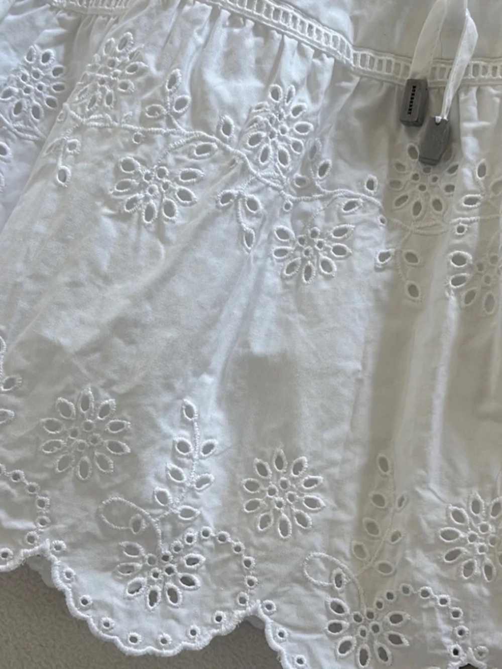 Burberry White Eyelet Cotton Tiered Skirt with Drawstring Waist